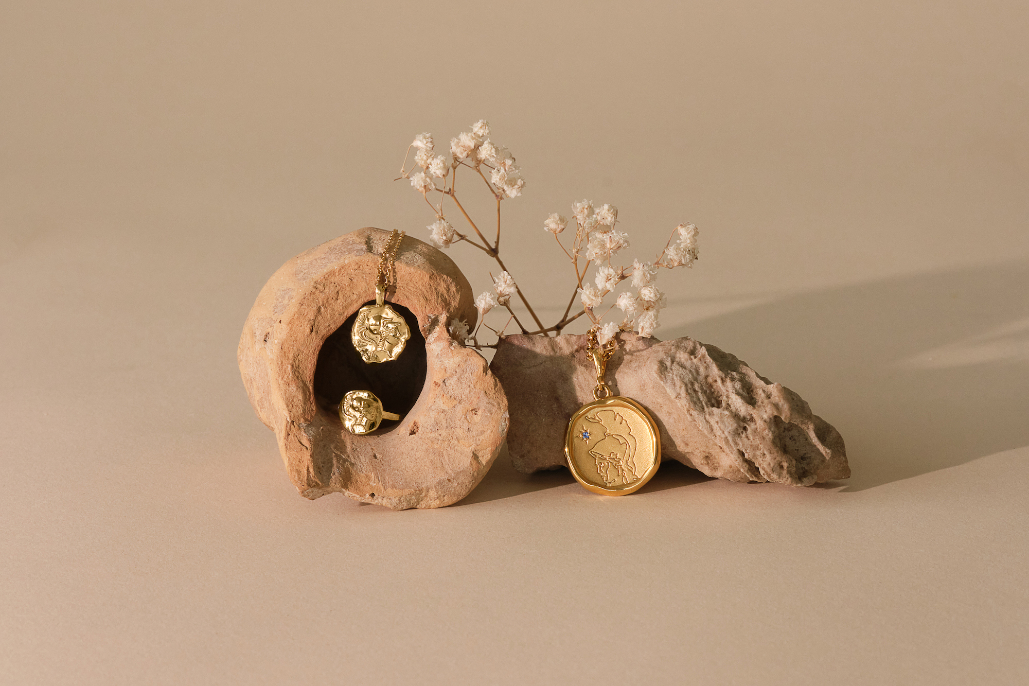 selection of common ear necklaces and ring on ancient fossils