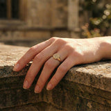 Hand wearing a gold ring on a stone surface with a blurred natural background